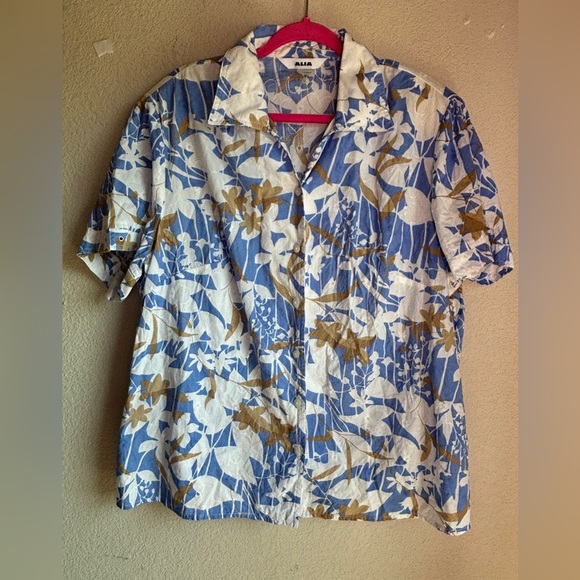 Alia Blue White Tropical Floral Embroidered Aloha Collared Short Sleeve Top 22W - Picture 4 of 8